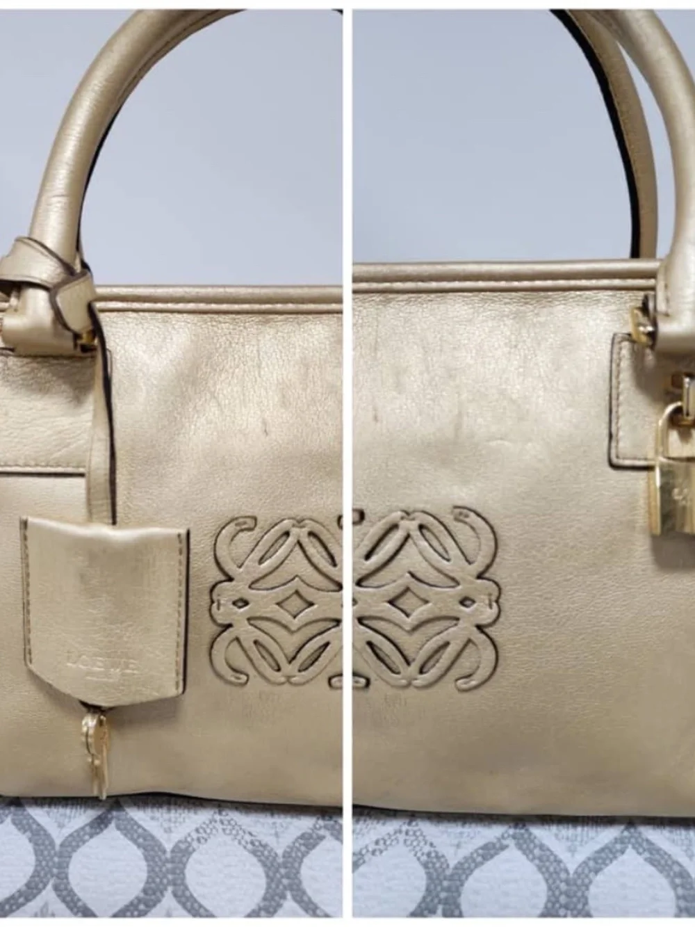 Authentic LOEWE Metallic Goatskin Amazona 36 Shoulder Bag Gold